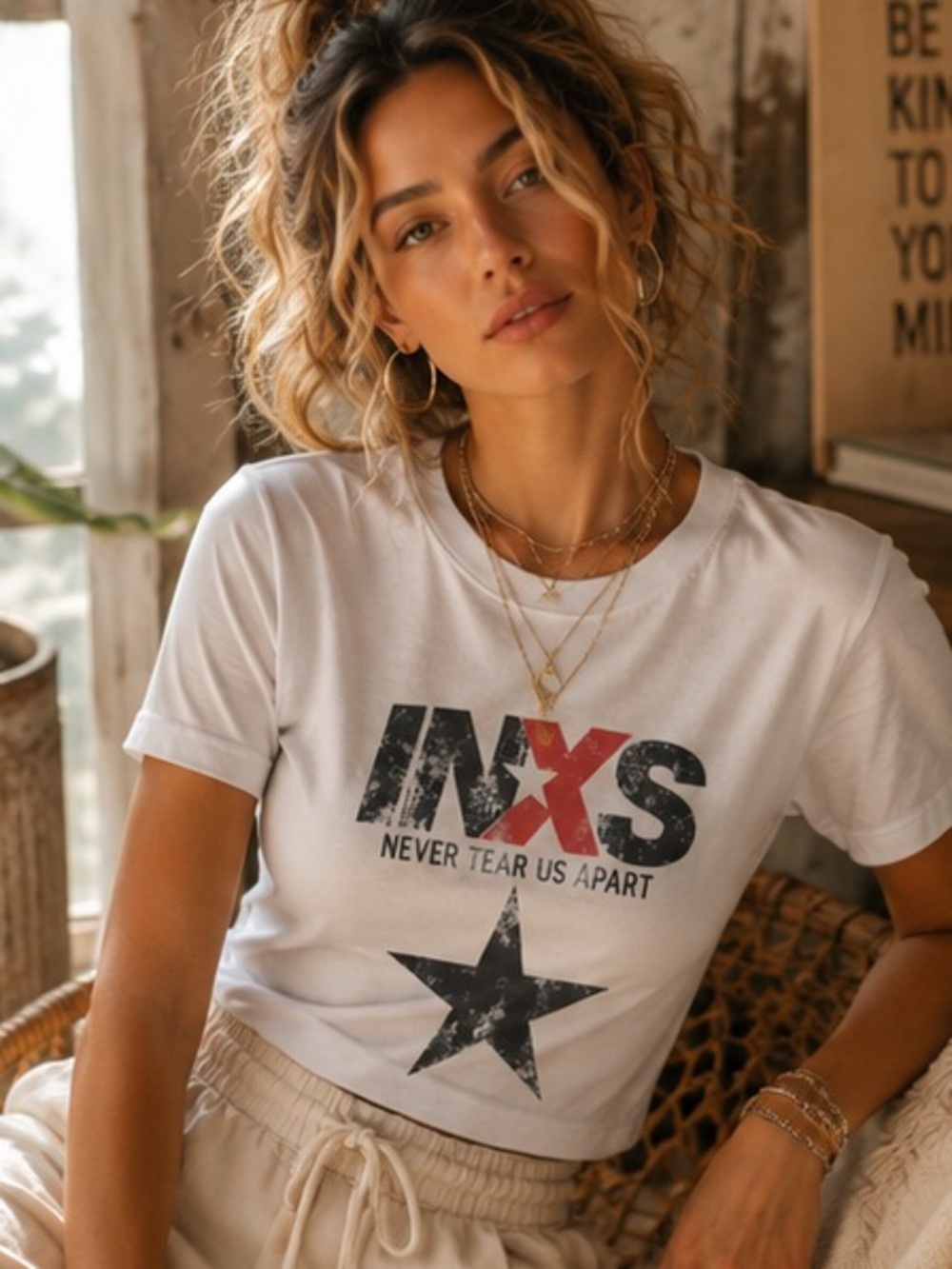 INXS Graphic Band Tee White Star Shirt Vintage Style Rock Tee